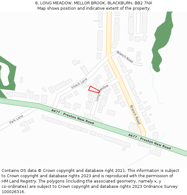 8, LONG MEADOW, MELLOR BROOK, BLACKBURN, BB2 7NX: Location map and indicative extent of plot