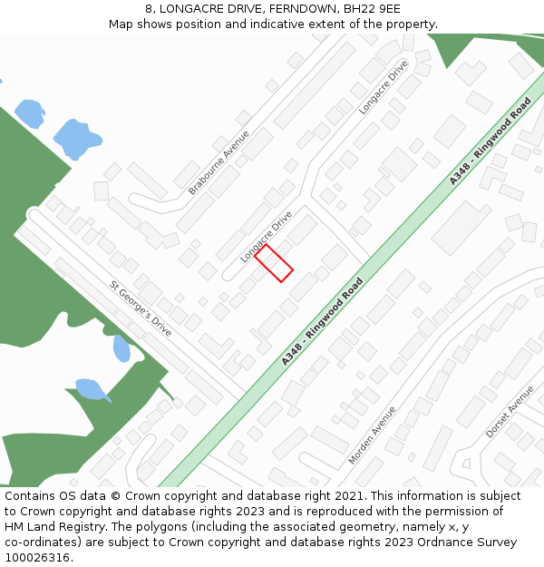 8, LONGACRE DRIVE, FERNDOWN, BH22 9EE: Location map and indicative extent of plot