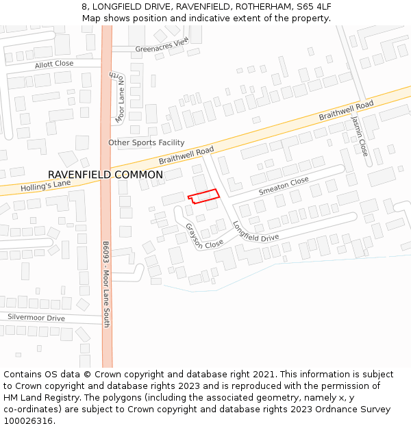 8, LONGFIELD DRIVE, RAVENFIELD, ROTHERHAM, S65 4LF: Location map and indicative extent of plot