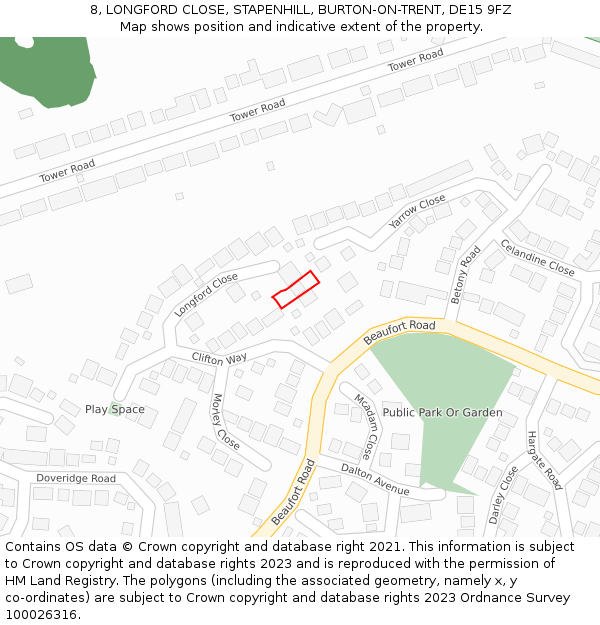 8, LONGFORD CLOSE, STAPENHILL, BURTON-ON-TRENT, DE15 9FZ: Location map and indicative extent of plot