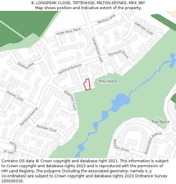 8, LONGPEAK CLOSE, TATTENHOE, MILTON KEYNES, MK4 3BY: Location map and indicative extent of plot