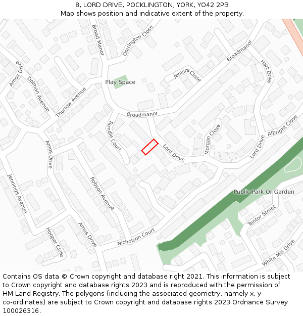 8, LORD DRIVE, POCKLINGTON, YORK, YO42 2PB: Location map and indicative extent of plot