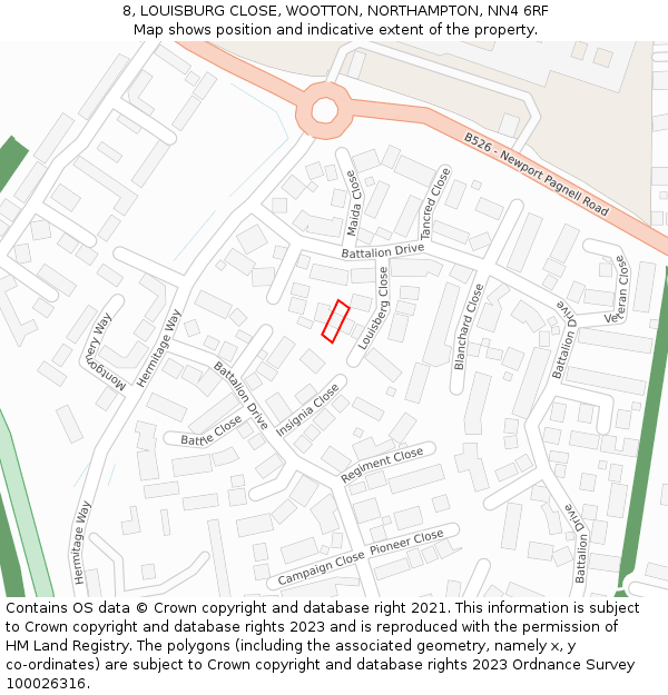 8, LOUISBURG CLOSE, WOOTTON, NORTHAMPTON, NN4 6RF: Location map and indicative extent of plot