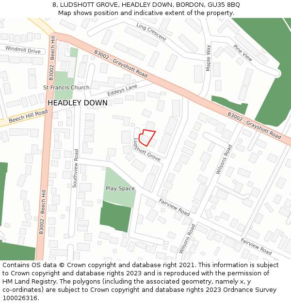 8, LUDSHOTT GROVE, HEADLEY DOWN, BORDON, GU35 8BQ: Location map and indicative extent of plot