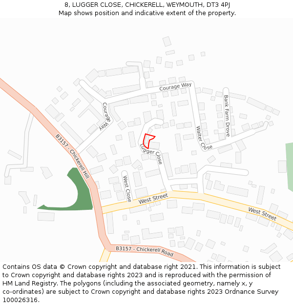 8, LUGGER CLOSE, CHICKERELL, WEYMOUTH, DT3 4PJ: Location map and indicative extent of plot