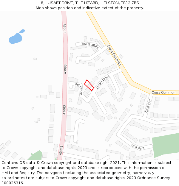 8, LUSART DRIVE, THE LIZARD, HELSTON, TR12 7RS: Location map and indicative extent of plot