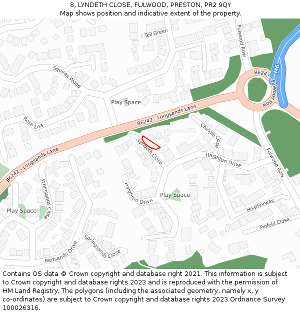 8, LYNDETH CLOSE, FULWOOD, PRESTON, PR2 9QY: Location map and indicative extent of plot