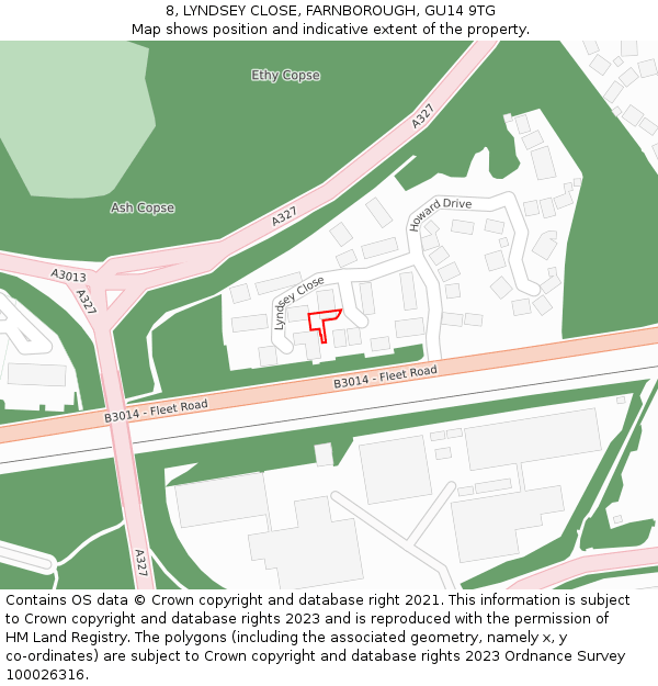 8, LYNDSEY CLOSE, FARNBOROUGH, GU14 9TG: Location map and indicative extent of plot