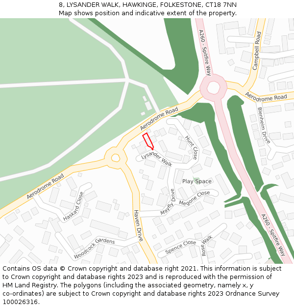 8, LYSANDER WALK, HAWKINGE, FOLKESTONE, CT18 7NN: Location map and indicative extent of plot