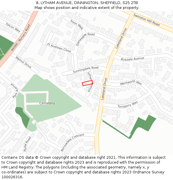 8, LYTHAM AVENUE, DINNINGTON, SHEFFIELD, S25 2TB: Location map and indicative extent of plot