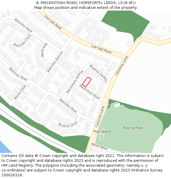 8, MACKINTOSH ROAD, HORSFORTH, LEEDS, LS18 4FU: Location map and indicative extent of plot