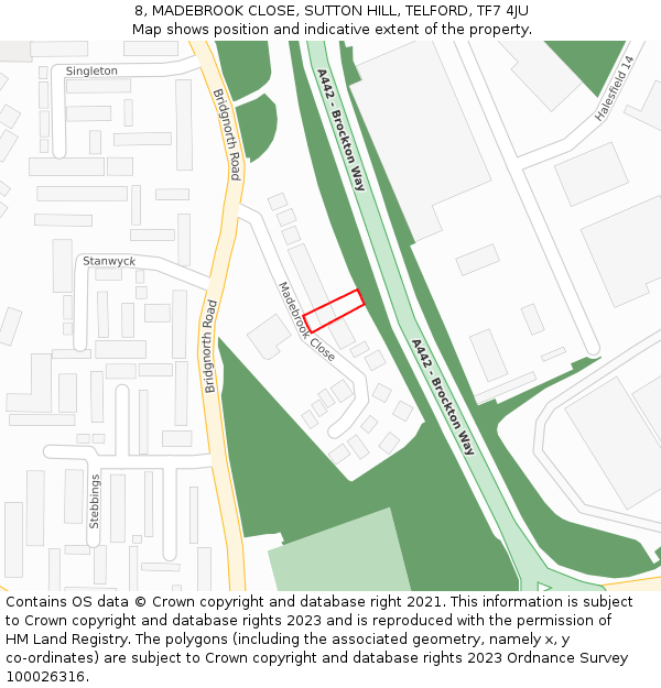 8, MADEBROOK CLOSE, SUTTON HILL, TELFORD, TF7 4JU: Location map and indicative extent of plot