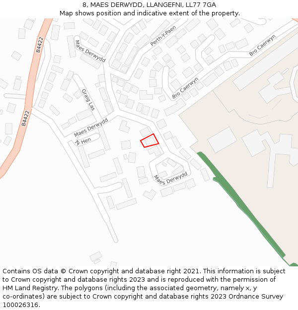 8, MAES DERWYDD, LLANGEFNI, LL77 7GA: Location map and indicative extent of plot