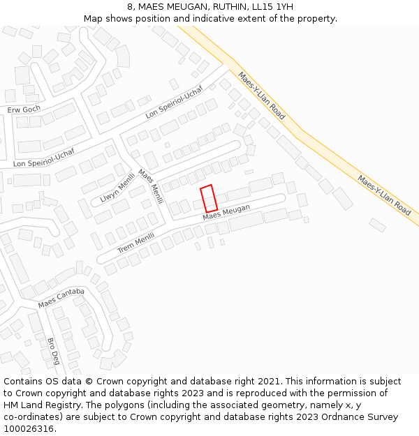 8, MAES MEUGAN, RUTHIN, LL15 1YH: Location map and indicative extent of plot