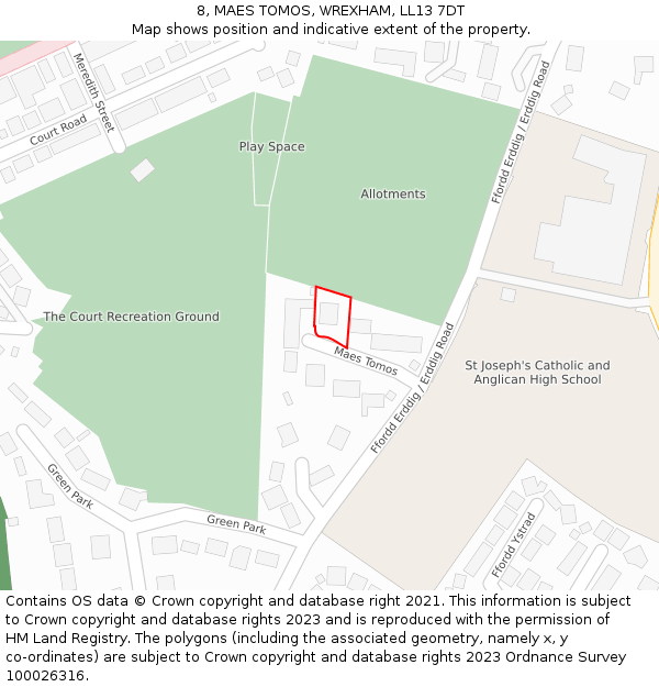 8, MAES TOMOS, WREXHAM, LL13 7DT: Location map and indicative extent of plot