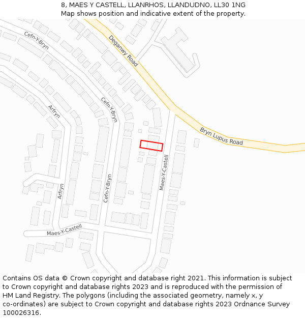 8, MAES Y CASTELL, LLANRHOS, LLANDUDNO, LL30 1NG: Location map and indicative extent of plot