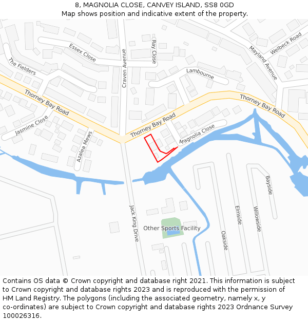 8, MAGNOLIA CLOSE, CANVEY ISLAND, SS8 0GD: Location map and indicative extent of plot