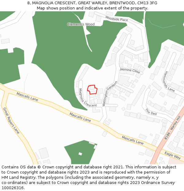 8, MAGNOLIA CRESCENT, GREAT WARLEY, BRENTWOOD, CM13 3FG: Location map and indicative extent of plot