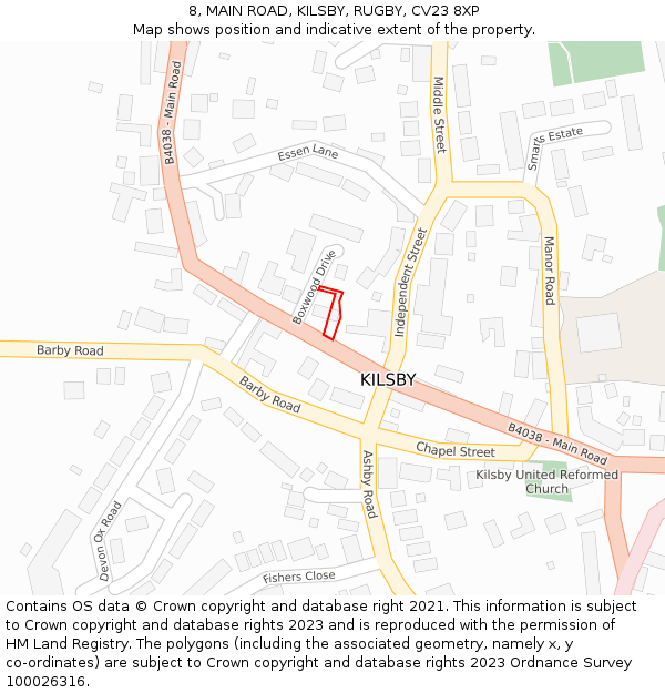 8, MAIN ROAD, KILSBY, RUGBY, CV23 8XP: Location map and indicative extent of plot