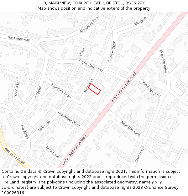 8, MAIN VIEW, COALPIT HEATH, BRISTOL, BS36 2PX: Location map and indicative extent of plot