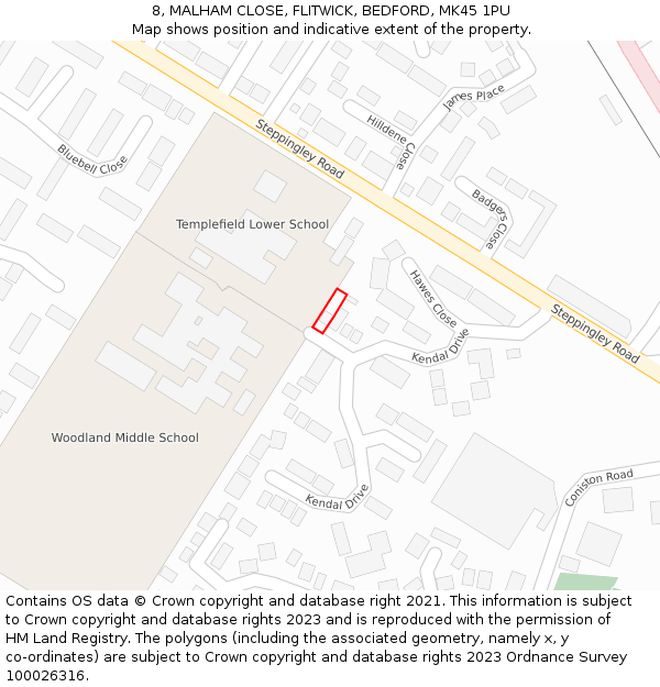 8, MALHAM CLOSE, FLITWICK, BEDFORD, MK45 1PU: Location map and indicative extent of plot