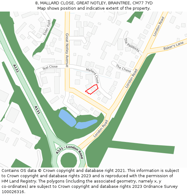 8, MALLARD CLOSE, GREAT NOTLEY, BRAINTREE, CM77 7YD: Location map and indicative extent of plot