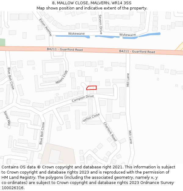 8, MALLOW CLOSE, MALVERN, WR14 3SS: Location map and indicative extent of plot