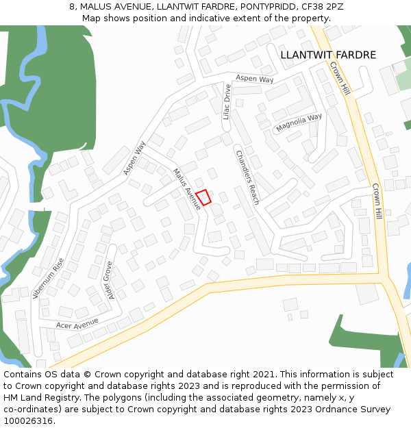 8, MALUS AVENUE, LLANTWIT FARDRE, PONTYPRIDD, CF38 2PZ: Location map and indicative extent of plot