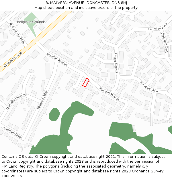 8, MALVERN AVENUE, DONCASTER, DN5 8HJ: Location map and indicative extent of plot