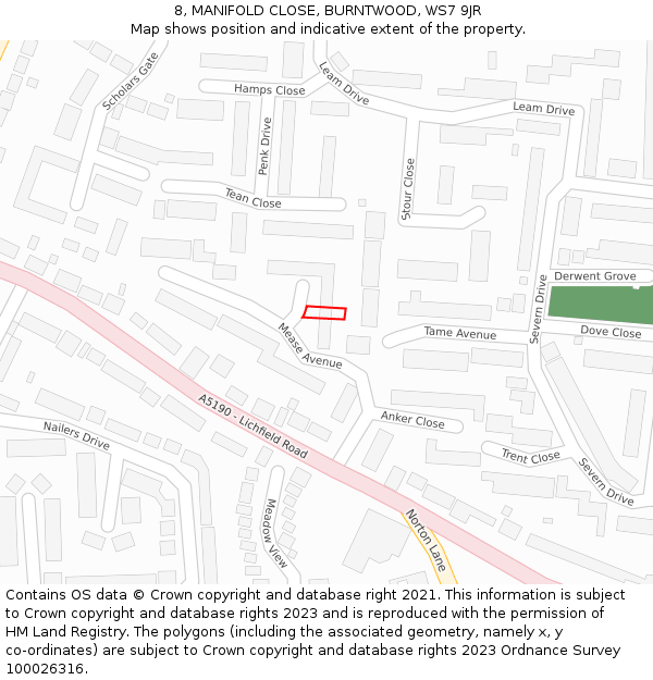 8, MANIFOLD CLOSE, BURNTWOOD, WS7 9JR: Location map and indicative extent of plot