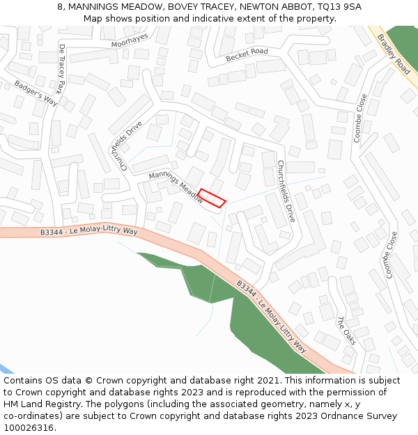 8, MANNINGS MEADOW, BOVEY TRACEY, NEWTON ABBOT, TQ13 9SA: Location map and indicative extent of plot