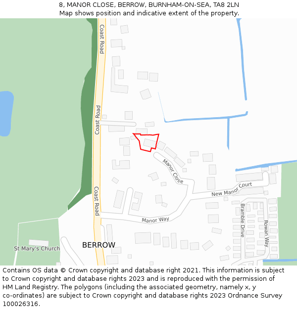 8, MANOR CLOSE, BERROW, BURNHAM-ON-SEA, TA8 2LN: Location map and indicative extent of plot