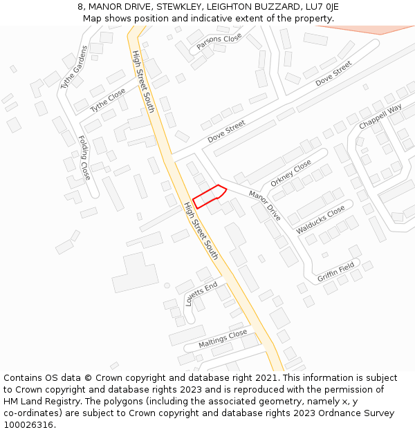 8, MANOR DRIVE, STEWKLEY, LEIGHTON BUZZARD, LU7 0JE: Location map and indicative extent of plot