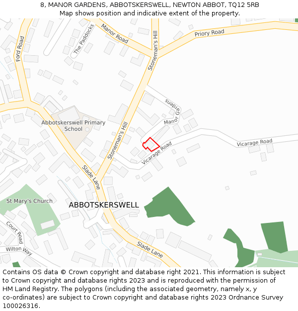 8, MANOR GARDENS, ABBOTSKERSWELL, NEWTON ABBOT, TQ12 5RB: Location map and indicative extent of plot