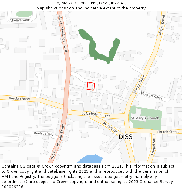 8, MANOR GARDENS, DISS, IP22 4EJ: Location map and indicative extent of plot