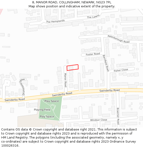 8, MANOR ROAD, COLLINGHAM, NEWARK, NG23 7PL: Location map and indicative extent of plot