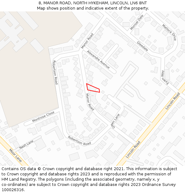 8, MANOR ROAD, NORTH HYKEHAM, LINCOLN, LN6 8NT: Location map and indicative extent of plot