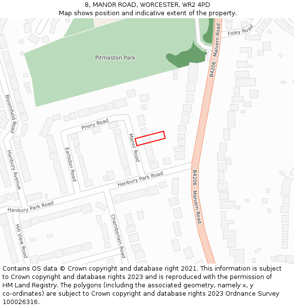 8, MANOR ROAD, WORCESTER, WR2 4PD: Location map and indicative extent of plot