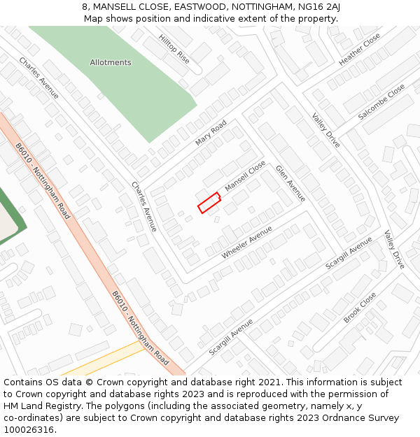 8, MANSELL CLOSE, EASTWOOD, NOTTINGHAM, NG16 2AJ: Location map and indicative extent of plot