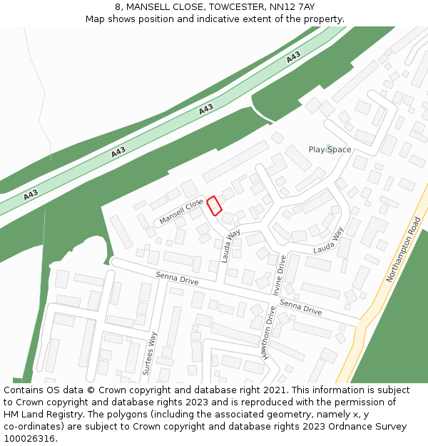 8, MANSELL CLOSE, TOWCESTER, NN12 7AY: Location map and indicative extent of plot