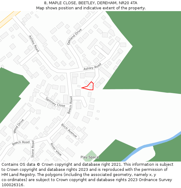8, MAPLE CLOSE, BEETLEY, DEREHAM, NR20 4TA: Location map and indicative extent of plot