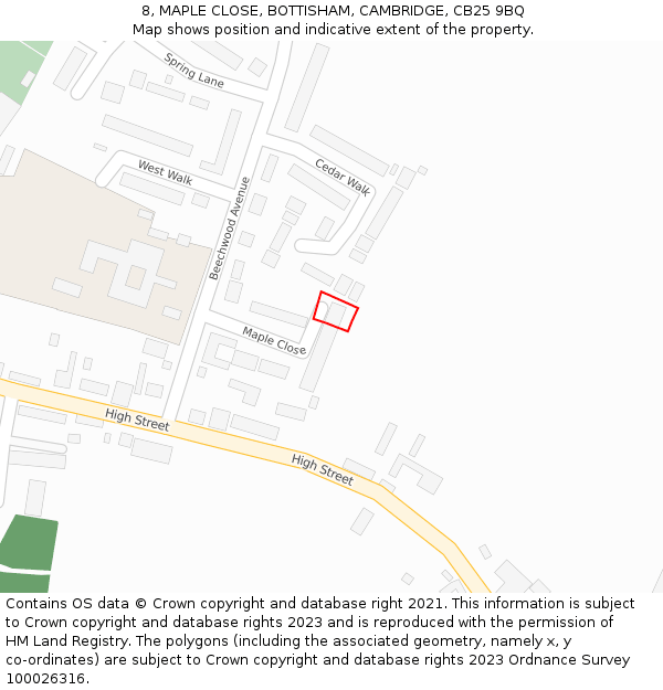 8, MAPLE CLOSE, BOTTISHAM, CAMBRIDGE, CB25 9BQ: Location map and indicative extent of plot