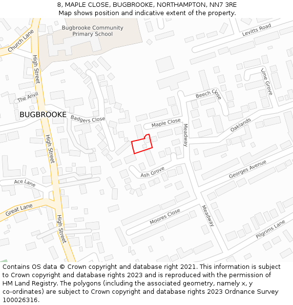 8, MAPLE CLOSE, BUGBROOKE, NORTHAMPTON, NN7 3RE: Location map and indicative extent of plot