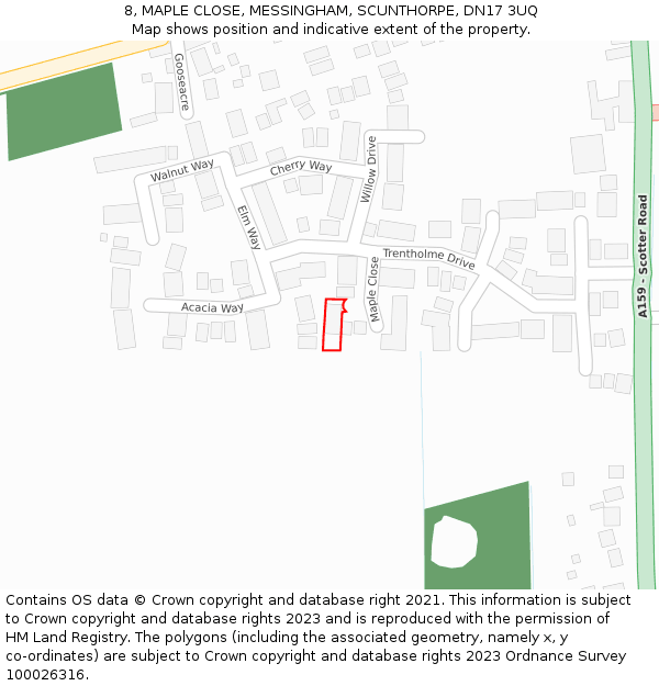 8, MAPLE CLOSE, MESSINGHAM, SCUNTHORPE, DN17 3UQ: Location map and indicative extent of plot