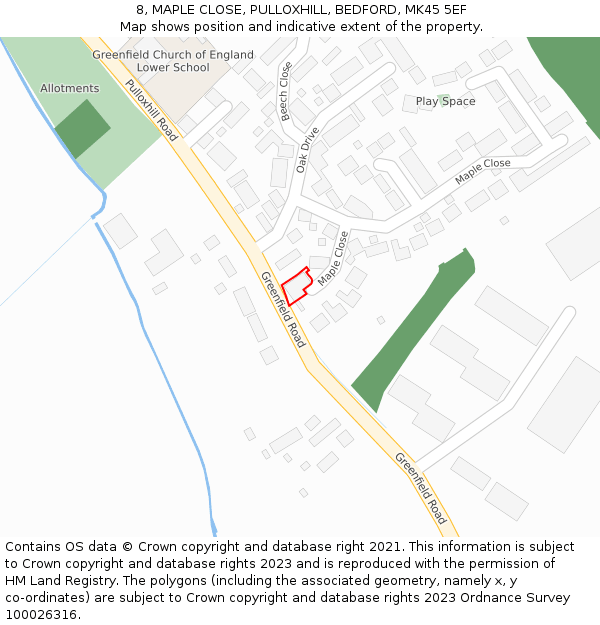 8, MAPLE CLOSE, PULLOXHILL, BEDFORD, MK45 5EF: Location map and indicative extent of plot