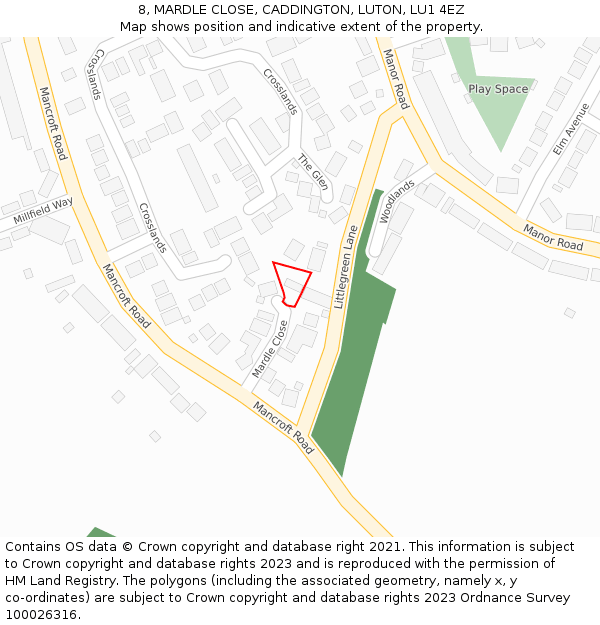 8, MARDLE CLOSE, CADDINGTON, LUTON, LU1 4EZ: Location map and indicative extent of plot
