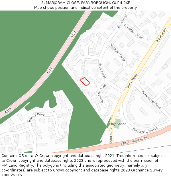 8, MARJORAM CLOSE, FARNBOROUGH, GU14 9XB: Location map and indicative extent of plot