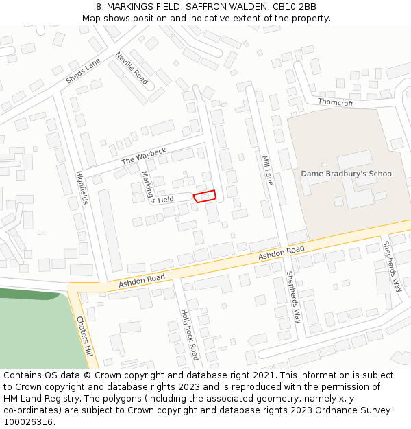 8, MARKINGS FIELD, SAFFRON WALDEN, CB10 2BB: Location map and indicative extent of plot