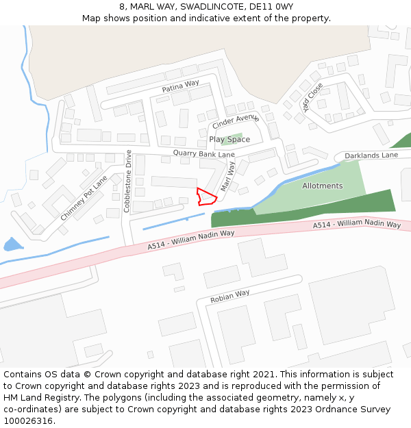8, MARL WAY, SWADLINCOTE, DE11 0WY: Location map and indicative extent of plot