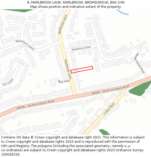 8, MARLBROOK LANE, MARLBROOK, BROMSGROVE, B60 1HN: Location map and indicative extent of plot